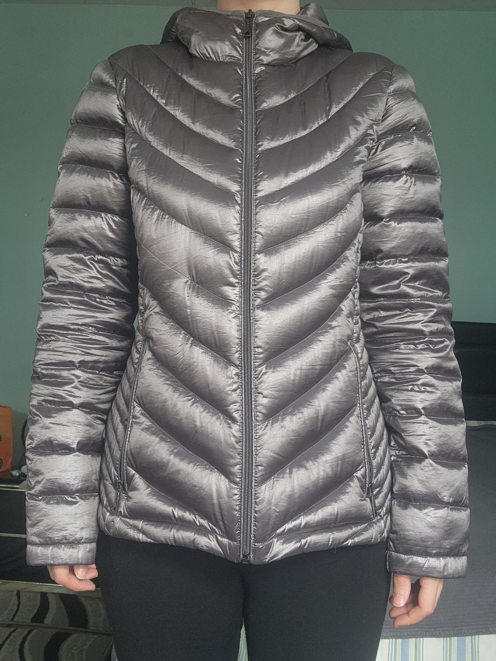 Calvin Klein Metallic Gray Quilted Hooded Puffer Jacket